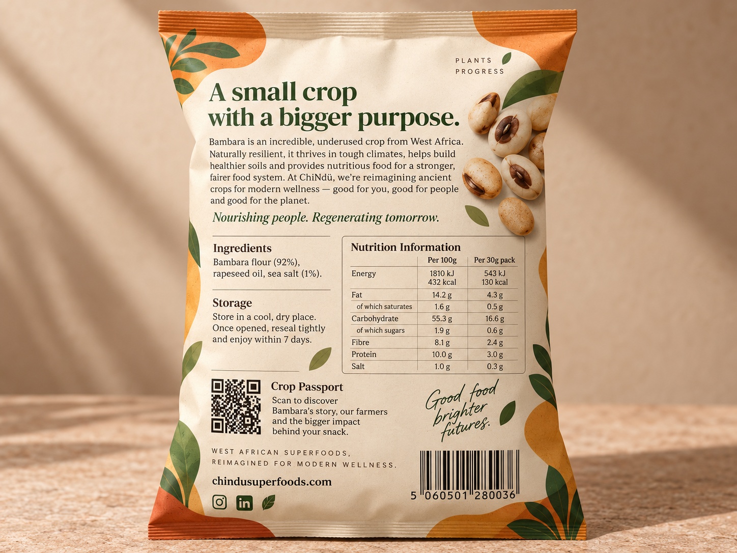 Back of a ChiNdü Bambara Chips pack showing the Crop Passport QR code